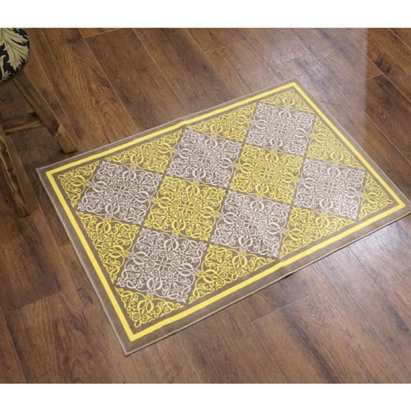 フランス モケット織マット 90×60cm　ダマスク/イエロー　FRG60-DAMAS-YL