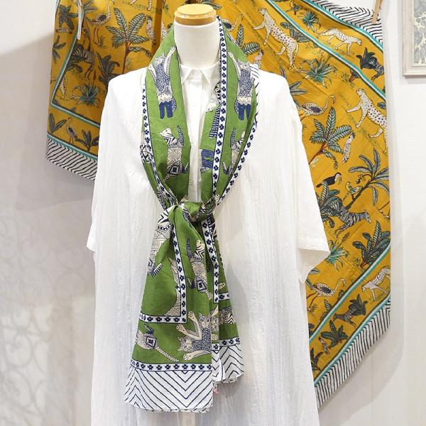 【メール便OK】ブロックプリントコットンストール（マルチクロス） エジプシャンキャット/グリーン I...