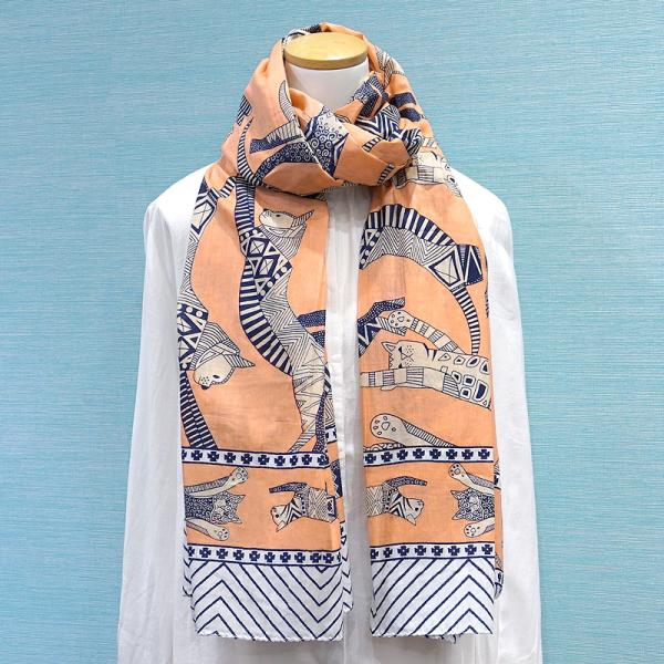 【メール便OK】ブロックプリントコットンストール（マルチクロス） エジプシャンキャット/サーモンピン...