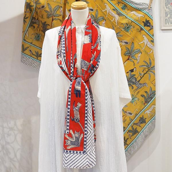 【メール便OK】ブロックプリントコットンストール（マルチクロス） エジプシャンキャット/レッド IB...