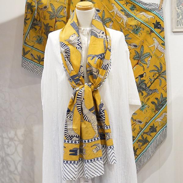 【メール便OK】ブロックプリントコットンストール（マルチクロス） エジプシャンキャット/イエロー I...