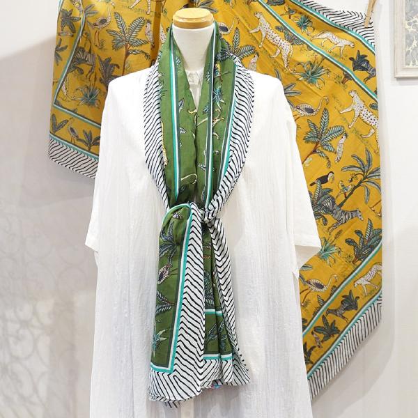 【メール便OK】ブロックプリントコットンストール（マルチクロス） ジャングル/グリーン IBP-SC...