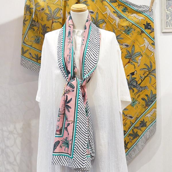 【メール便OK】ブロックプリントコットンストール（マルチクロス） ジャングル/ピンク IBP-SCF...