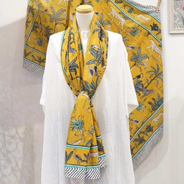 【メール便OK】ブロックプリントコットンストール（マルチクロス） ジャングル/イエロー IBP-SC...