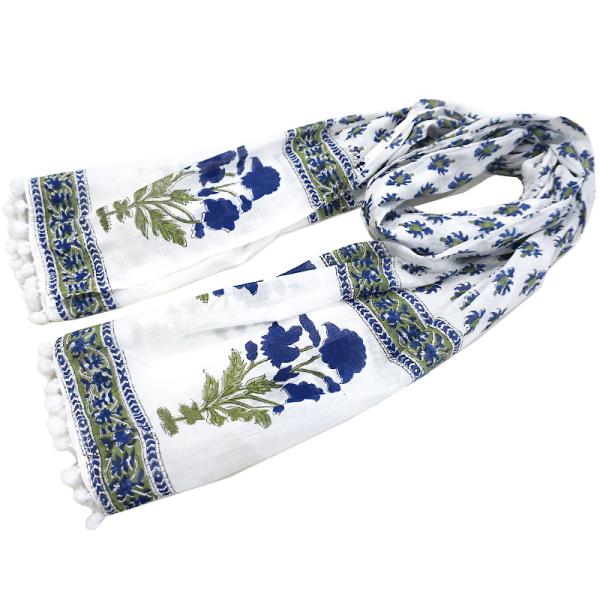 【メール便OK】ハンドブロックプリント コットンストール IBP-SCF003 ポンポンフリンジ/ブ...