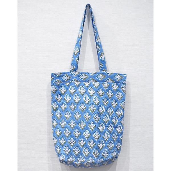 ブロックプリント　キルティングトートバッグ/ブルー　IBP-TOTE-BL