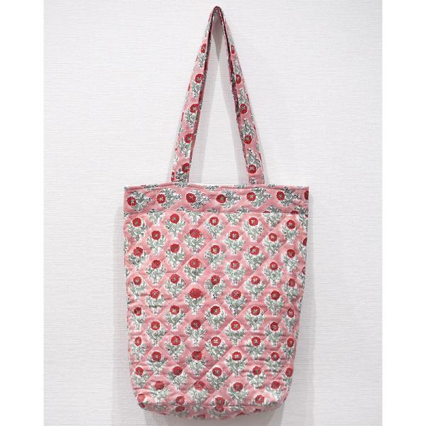 ブロックプリント　キルティングトートバッグ/ピンク　IBP-TOTE-PK