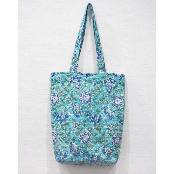 ブロックプリント　キルティングトートバッグ/ターコイズ　IBP-TOTE-TQ