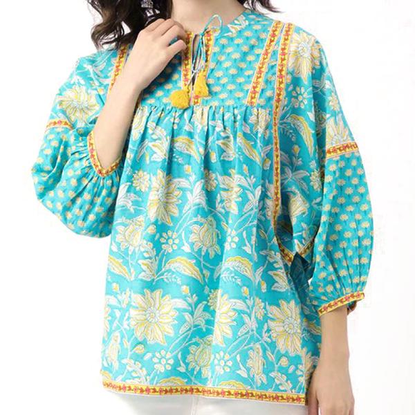 ハンドブロックプリント　ブラウス　JM-229TQ　ドルマンスリーブ/ターコイズ