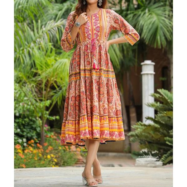 ハンドブロックプリント　ワンピース　JM-RNR-YL　ミラー刺繍/イエロー