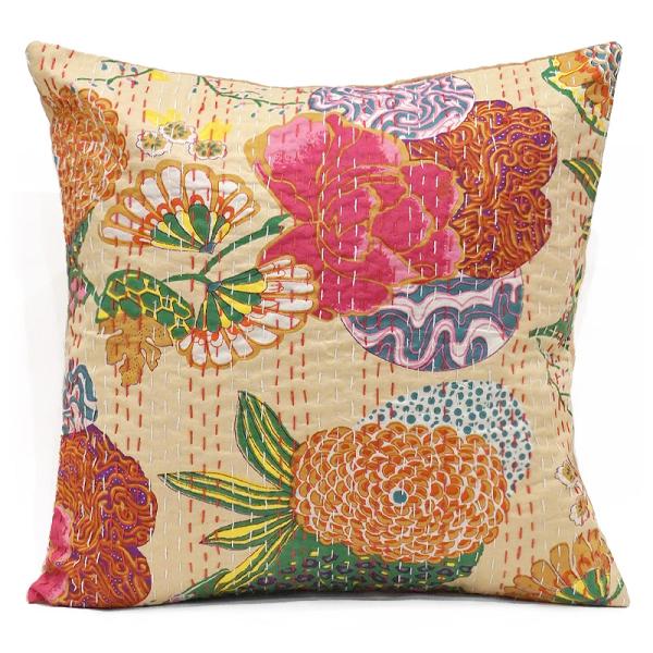 インド製「カンタキルト」クッションカバー◆トロピカル/ベージュ　KCC-FTBG