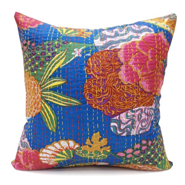 インド製「カンタキルト」クッションカバー◆トロピカル/ブルー　KCC-FTBL