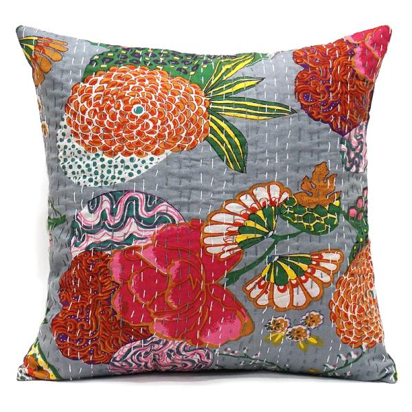 インド製「カンタキルト」クッションカバー◆トロピカル/グレー　KCC-FTGY