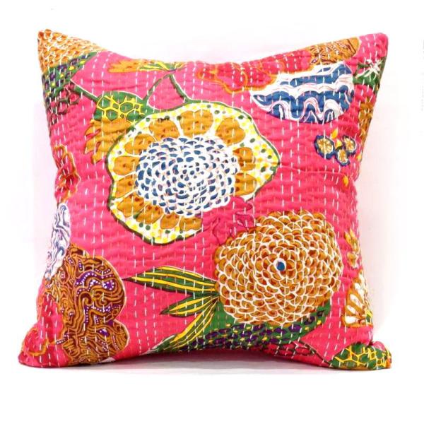 インド製「カンタキルト」クッションカバー◆トロピカル/ピンク　KCC-FTPK