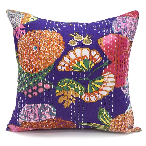 インド製「カンタキルト」クッションカバー◆トロピカル/パープル　KCC-FTPP
