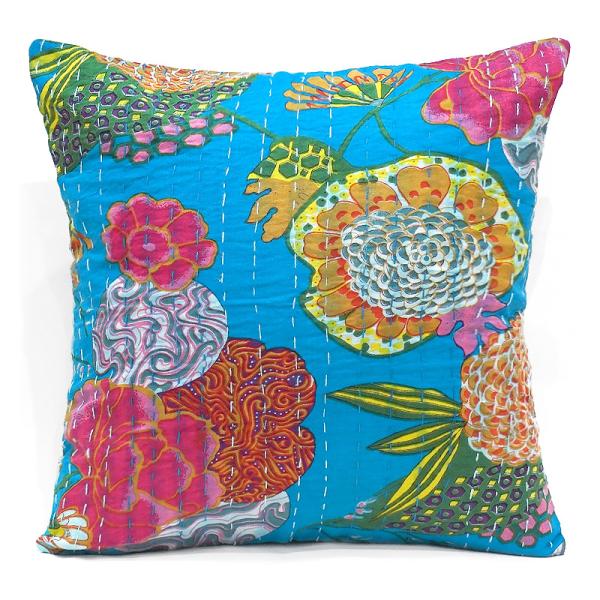 インド製「カンタキルト」クッションカバー◆トロピカル/ターコイズ　KCC-FTTQ