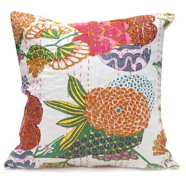 インド製「カンタキルト」クッションカバー◆トロピカル/ホワイト　KCC-FTWT