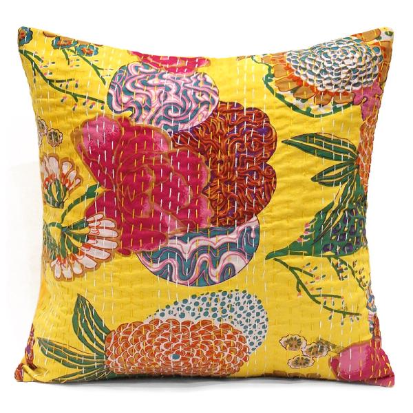 インド製「カンタキルト」クッションカバー◆トロピカル/イエロー　KCC-FTYL