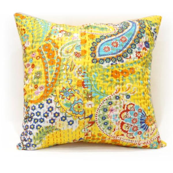 インド製「カンタキルト」クッションカバー◆ペイズリー/イエロー　KCC-PSYL