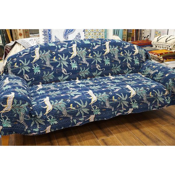 インド製「カンタキルト」マルチカバー◆216×143cm前後◆ジャングル/ネイビー　KMC230-J...