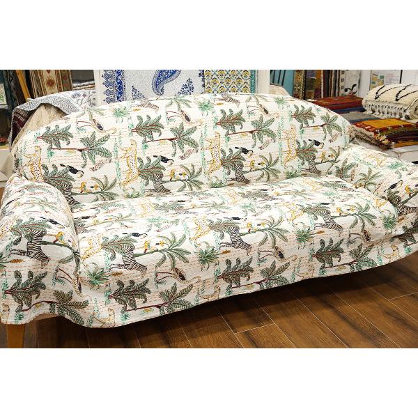 インド製「カンタキルト」マルチカバー◆216×142cm前後◆ジャングル/ホワイト　KMC230-J...