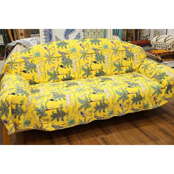 インド製「カンタキルト」マルチカバー◆220×145cm前後◆ジャングル/イエロー　KMC230-J...