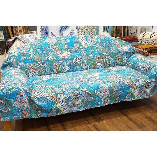 インド製「カンタキルト」マルチカバー◆218×146cm前後◆ペイズリー/ターコイズ　KMC230-...