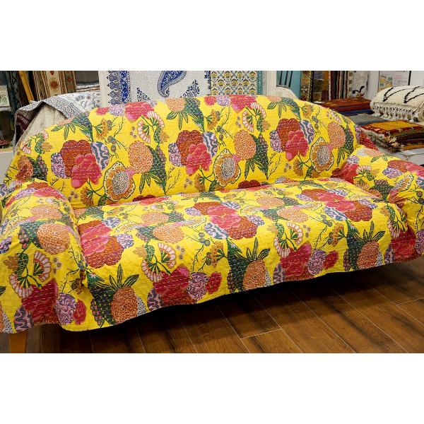 インド製「カンタキルト」マルチカバー◆223x149cm前後◆トロピカル/イエロー　KMC230-Y...