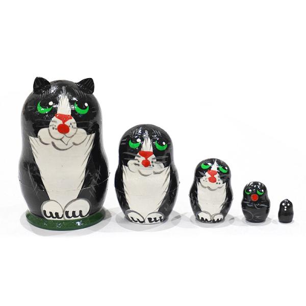 ロシア　ミニマトリョーシカ　ネコ/黒（5P）　MAT-168
