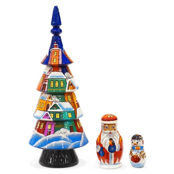 ロシア　ツリー型 クリスマス マトリョーシカ（3P）ブルー MAT-173