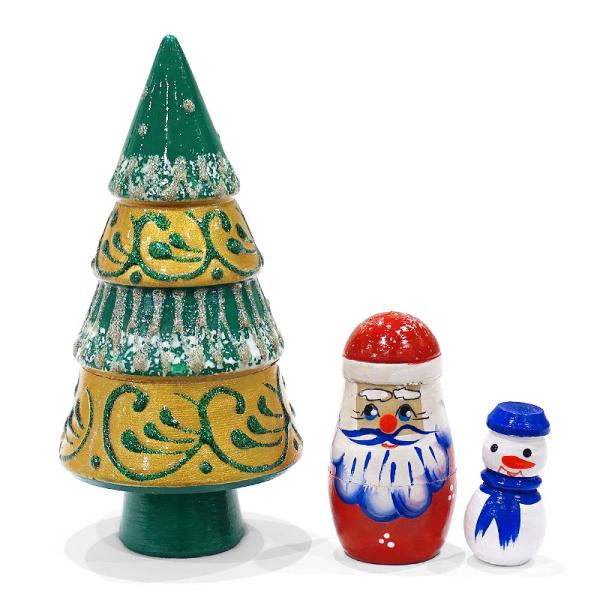ロシア　ツリー型 クリスマス マトリョーシカ（3P）緑×金 MAT-175