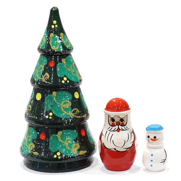 ロシア　ツリー型 クリスマス マトリョーシカ（3P）緑 MAT-177