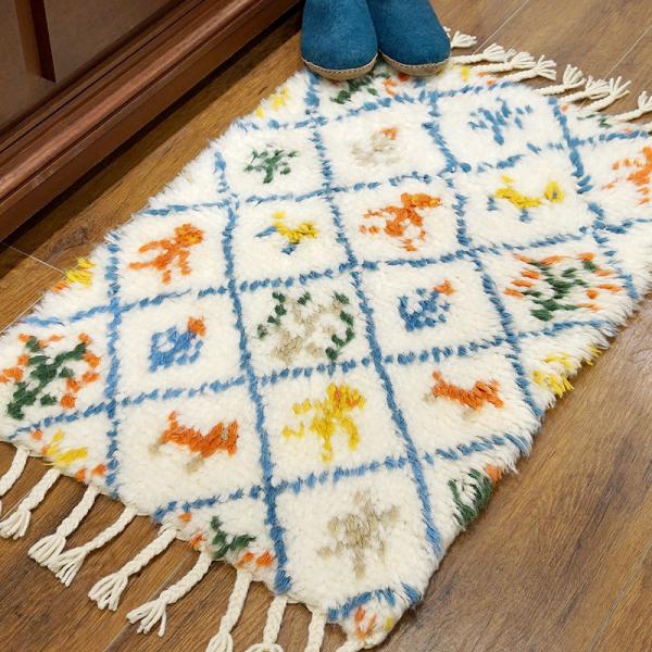 手織り モロッカンテイストラグ　約80×50cm　ホワイト　MRG50-301WH