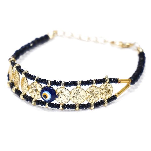 【メール便ＯＫ】トルコ製 ナザールボンジュウ ビーズブレスレット N-B14126BK ブラック