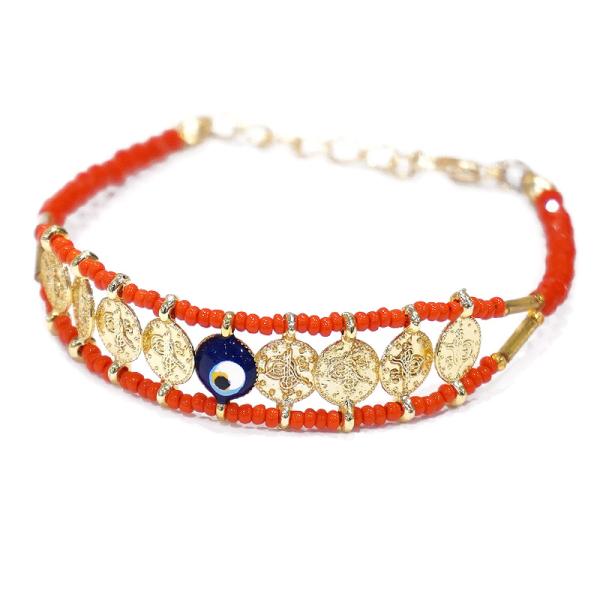 【メール便ＯＫ】トルコ製 ナザールボンジュウ ビーズブレスレット N-B14126RD レッド