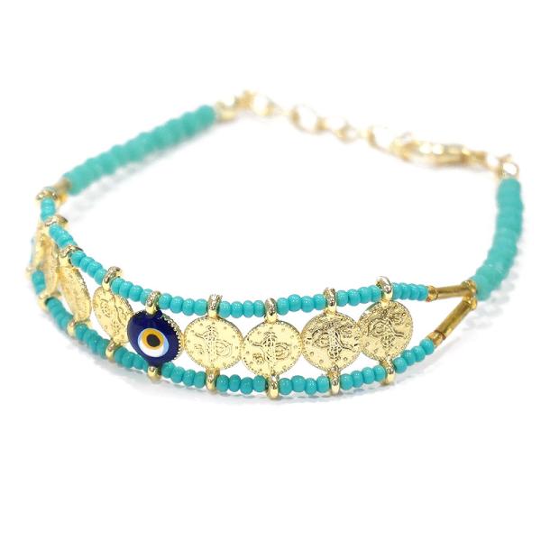 【メール便ＯＫ】トルコ製 ナザールボンジュウ ビーズブレスレット N-B14126TQ ターコイズ