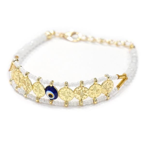 【メール便ＯＫ】トルコ製 ナザールボンジュウ ビーズブレスレット N-B14126WT ホワイト