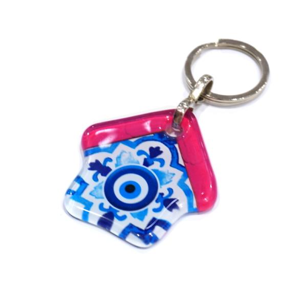 【メール便ＯＫ】トルコ製 ナザールボンジュウキーホルダー お家/ピンク N-K14511PK