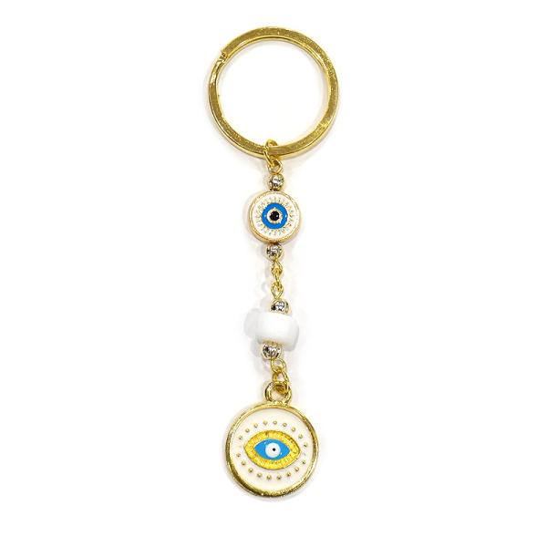 【メール便ＯＫ】トルコ製 ナザールボンジュウキーホルダー　ゴールド×ホワイト　N-K15064WT