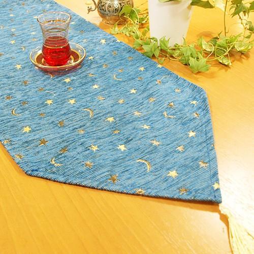 トルコ製 シェニール テーブルランナー 190×32cm L(ロングサイズ) 月と星/ブルー NRL...