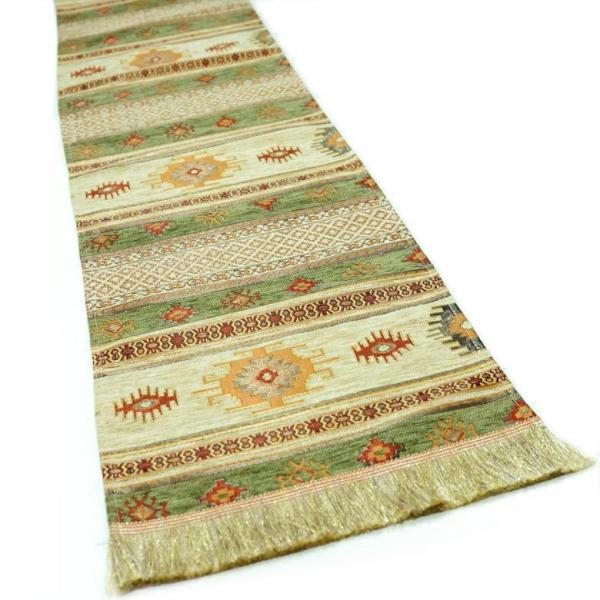 トルコ製シェニール織ランナー  196×32cm L(ロングサイズ)　キリム柄/グリーンxクリーム ...