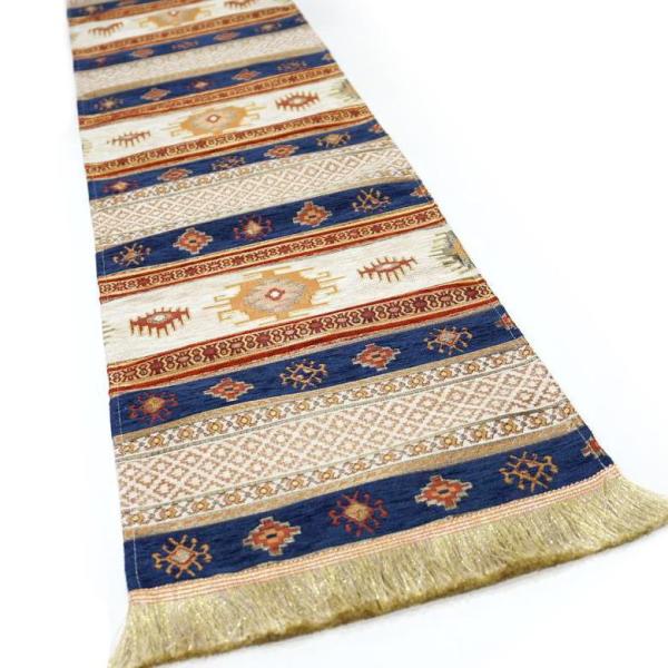 トルコ製シェニール織ランナー  196×32cm L(ロングサイズ)　キリム柄/ネイビーxホワイト ...