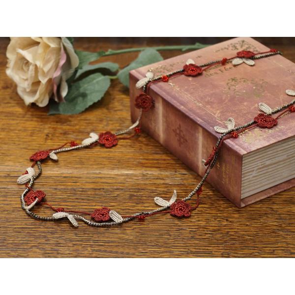 トルコ製 トゥーオヤ ラリエット OYA-LT-FWLF-RD 小花＆リーフ/レッド