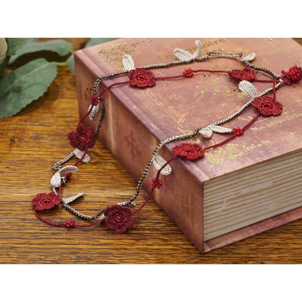 トルコ製 トゥーオヤ ネックレス OYA-NT-FWLF-RD 小花＆リーフ/レッド