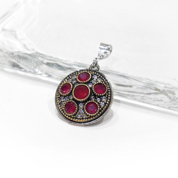 トルコ　アンティーク調　ペンダントトップ　SV-N-OT-RB3　ラウンド/ルビーレッド