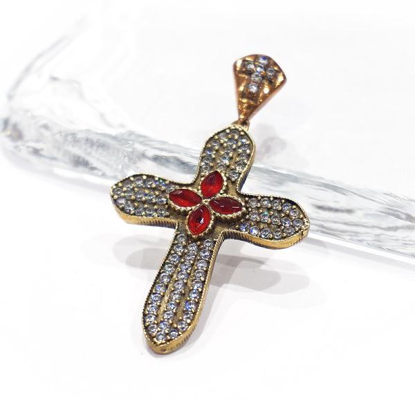 トルコ　アンティーク調　ペンダントトップ　SV-N-OT-RB　パヴェクロス/ルビーレッド