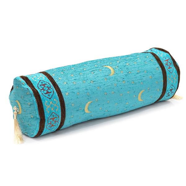 トルコ製 シェニール筒型クッション＜中綿付き＞　TC-AY3TQ　月と星/ターコイズ