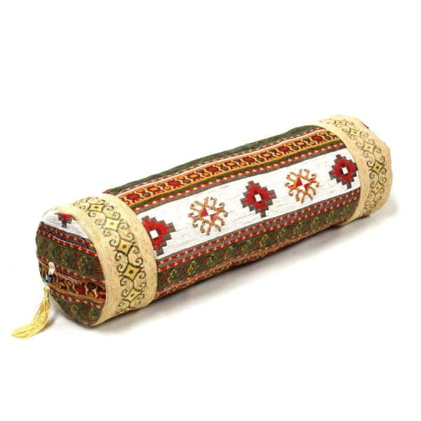 筒型クッション シェニール トルコ製 中綿付き TC-KLGR　キリム柄/グリーン