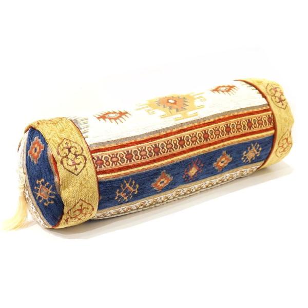 筒型クッション シェニール トルコ製 中綿付き TC-KLNVWT　キリム柄/ネイビーｘホワイト