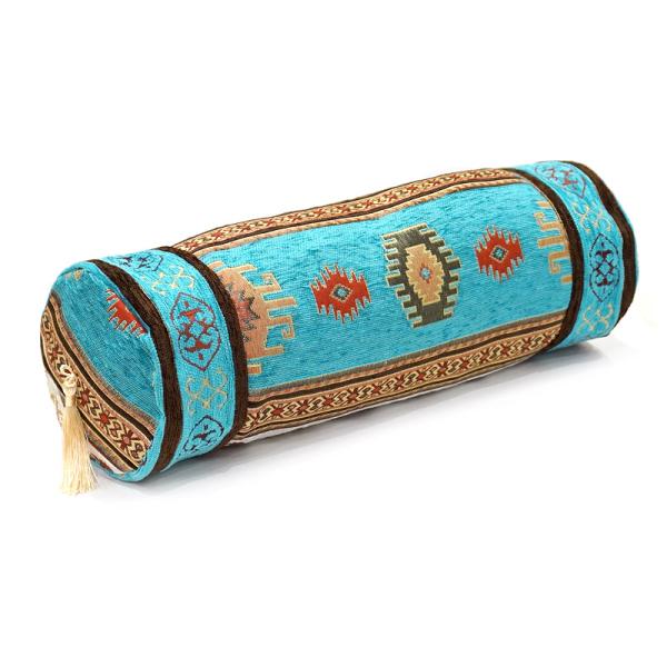 トルコ製 シェニール筒型クッション＜中綿付き＞　TC-KLTQ　キリム柄/ターコイズ
